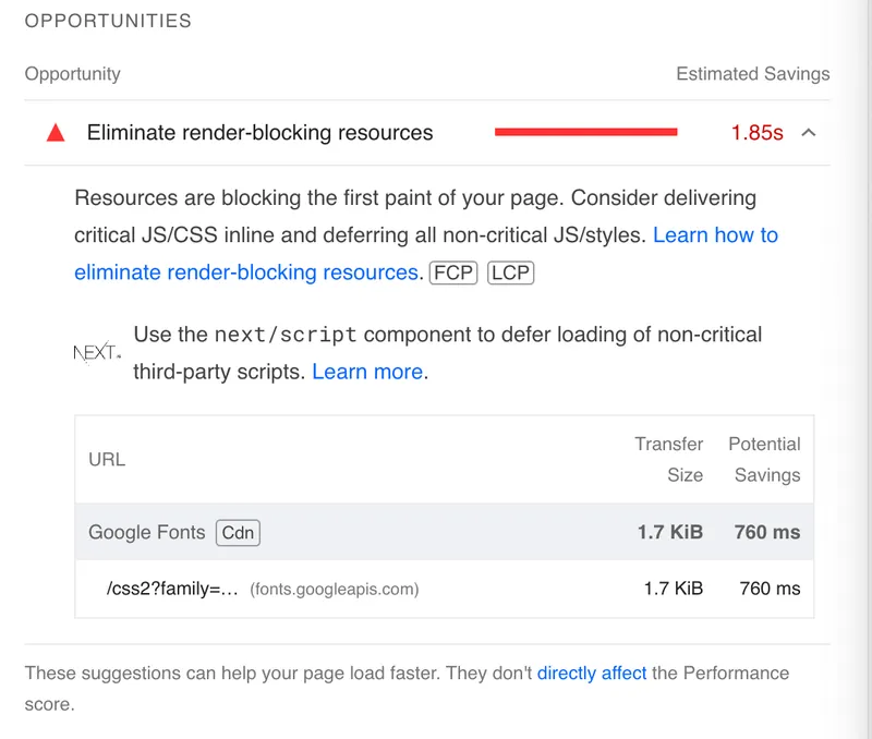 Screenshot of Hashnode PageSpeed Result opportunities